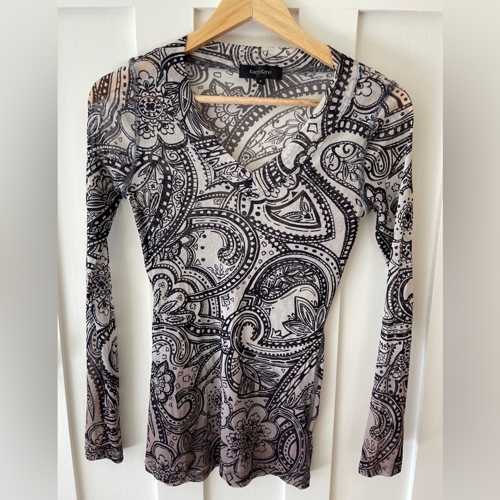 Karen Kane Sheer Abstract Paisley Novelty Floral Mesh Long Sleeve Knit Blouse